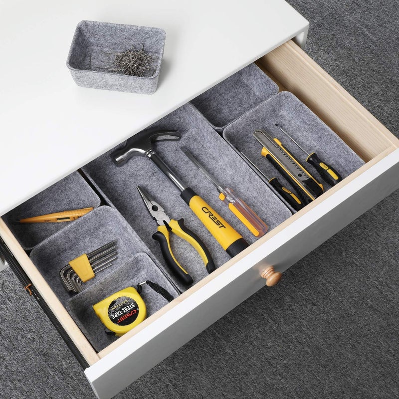 Welaxy Office drawer organizers trays felt storage bin organize dividers Box Back to School Dorm Home for stationery craft junk sorting 7-piece (gray) - Image 3